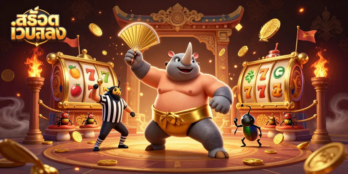 Experience สล็อตเว็บตรง action in a vibrant casino scene with dynamic beetle characters and slot reels.