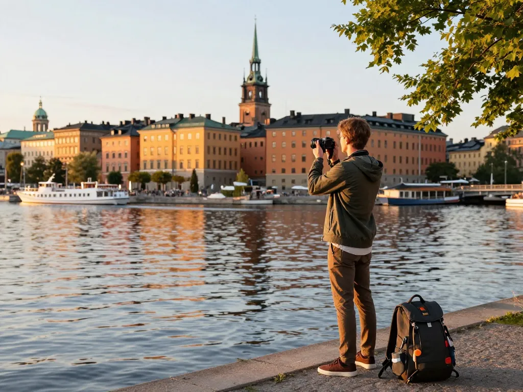 Reisetipps Stockholm Reisender, der Gamla Stan während der goldenen Stunde fotografiert, mit Reflexionen im Wasser.