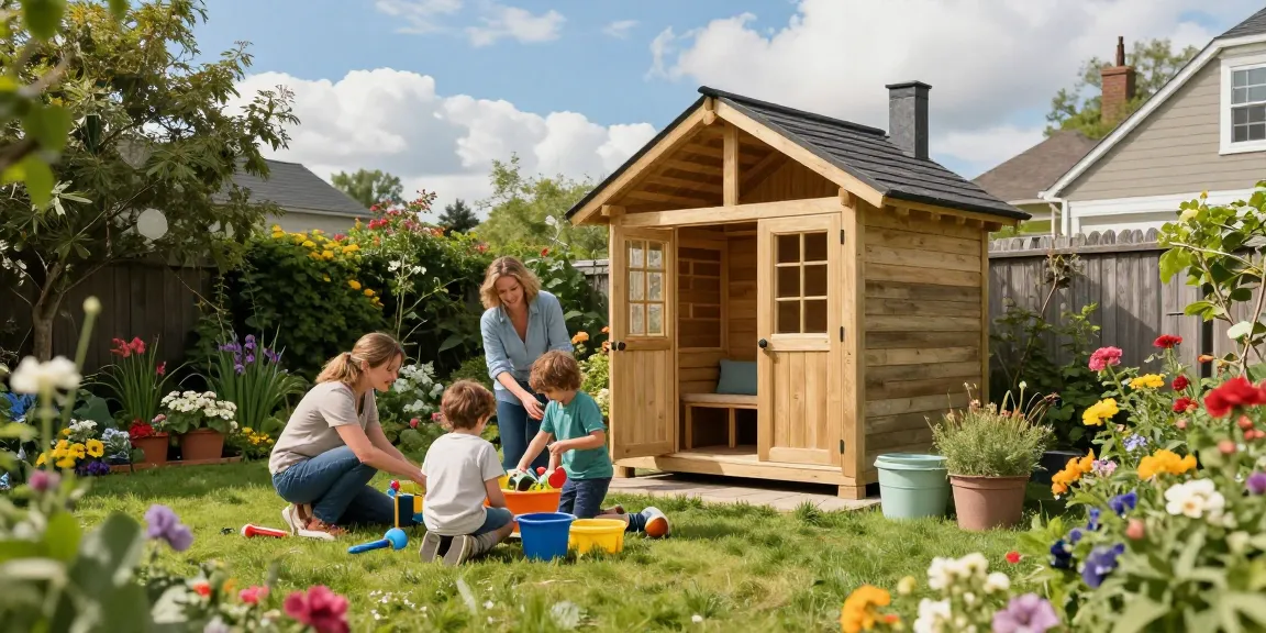 Gartenhaus kaufen: Familie genießt den neuen Gartenplatz umgeben von bunten Blumen und Spielzeug.