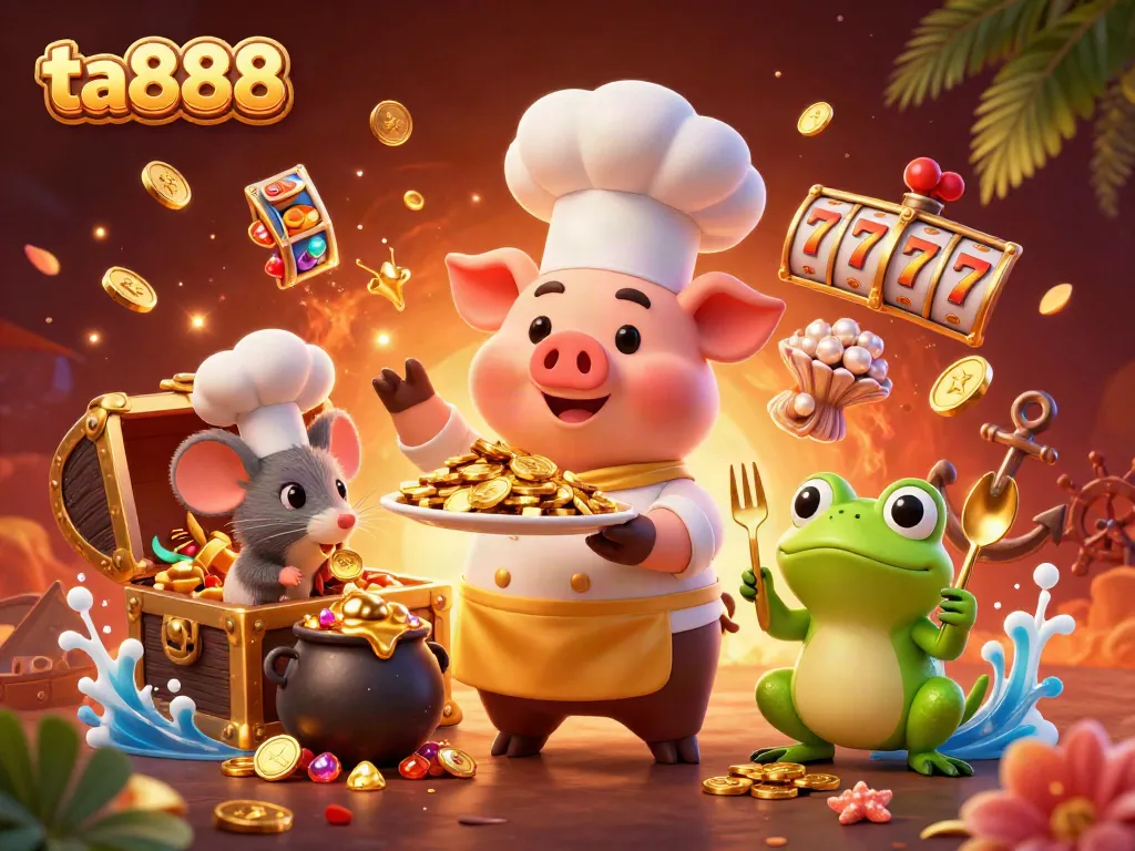 Engage with ta888 through a vibrant 3D casino scene filled with gold coins, cartoony characters, and slot elements.