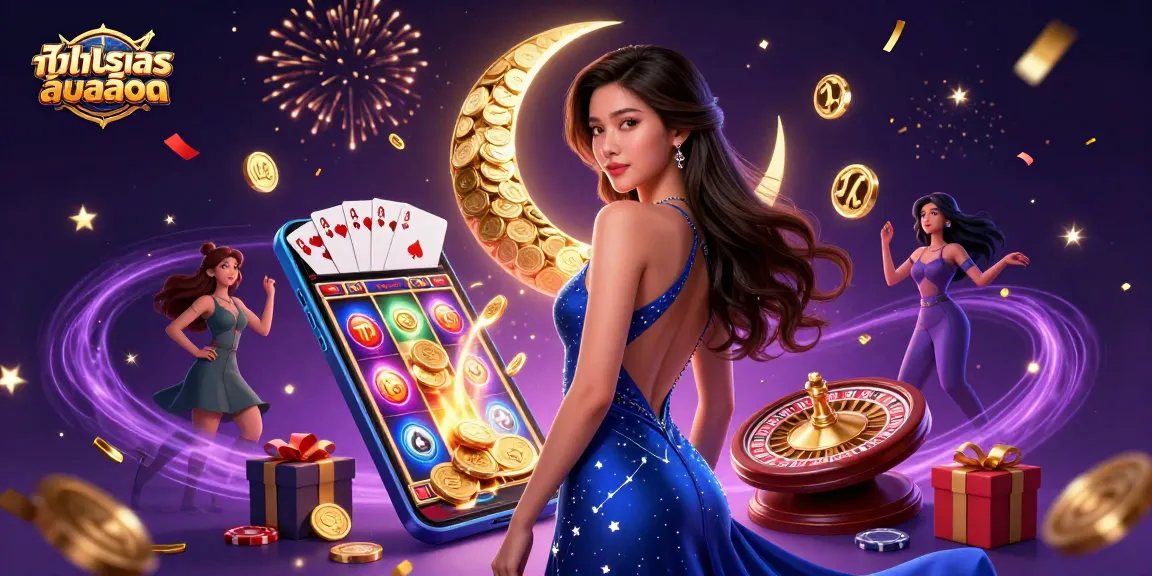 Engage with ทดลองเล่นสล็อต featuring an elegant Asian woman amidst dynamic gaming elements and celebratory effects.