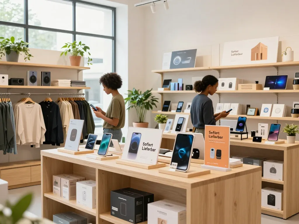 Einzelhandels Szene mit Produkten mit Sofort Lieferbar Verfügbarkeit, Käufer stöbert in einem hellen E-Commerce-Shop.