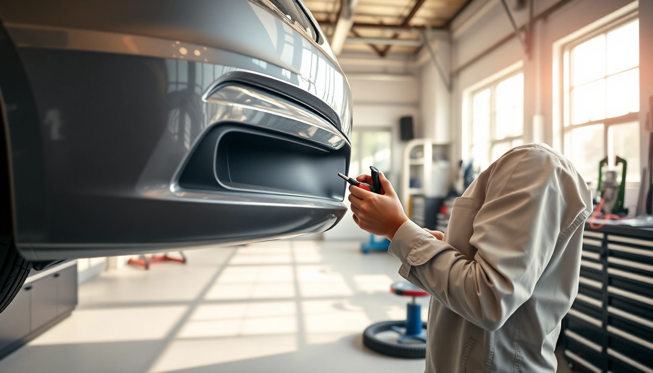 Stoßstange reparieren München - Aktiver Techniker repariert eine car bumper in professioneller Werkstatt.