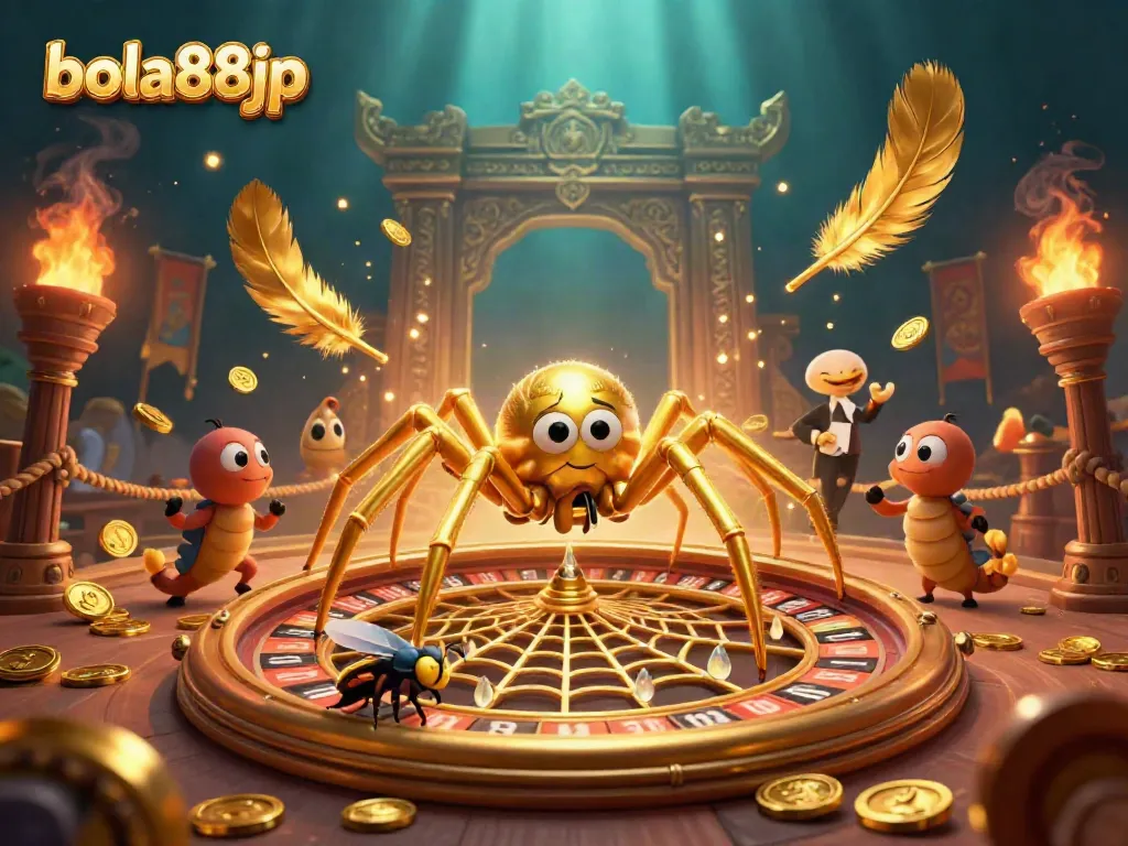 Spinning roulette wheel web by bola88jp with a golden spider and centipede croupier in an action-packed casino scene.