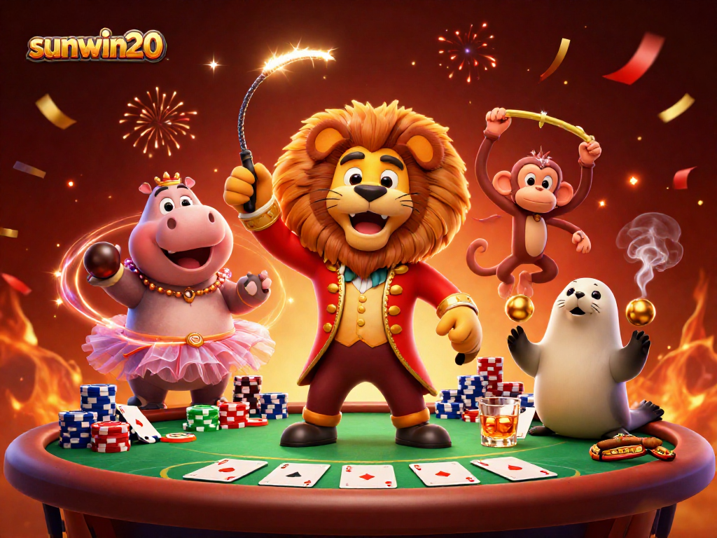 Experience thrilling casino excitement with sunwin20 showcasing lively circus characters and poker elements.