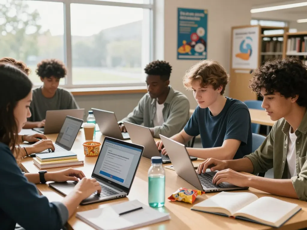 Studierende nutzen Hausaufgaben Löser online in einem hellen Bibliotheksstudienraum