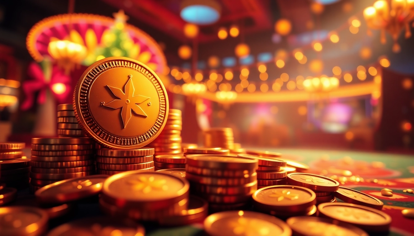 Ein verlockender Online Casino Bonus mit glänzenden Münzen und festlicher Atmosphäre ansprechend präsentiert.