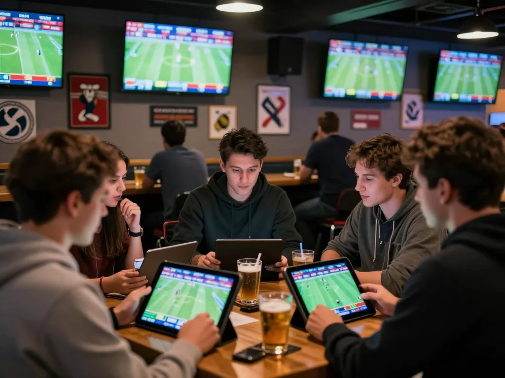 bsport users analyzing live game odds and placing bets in a vibrant sports bar atmosphere