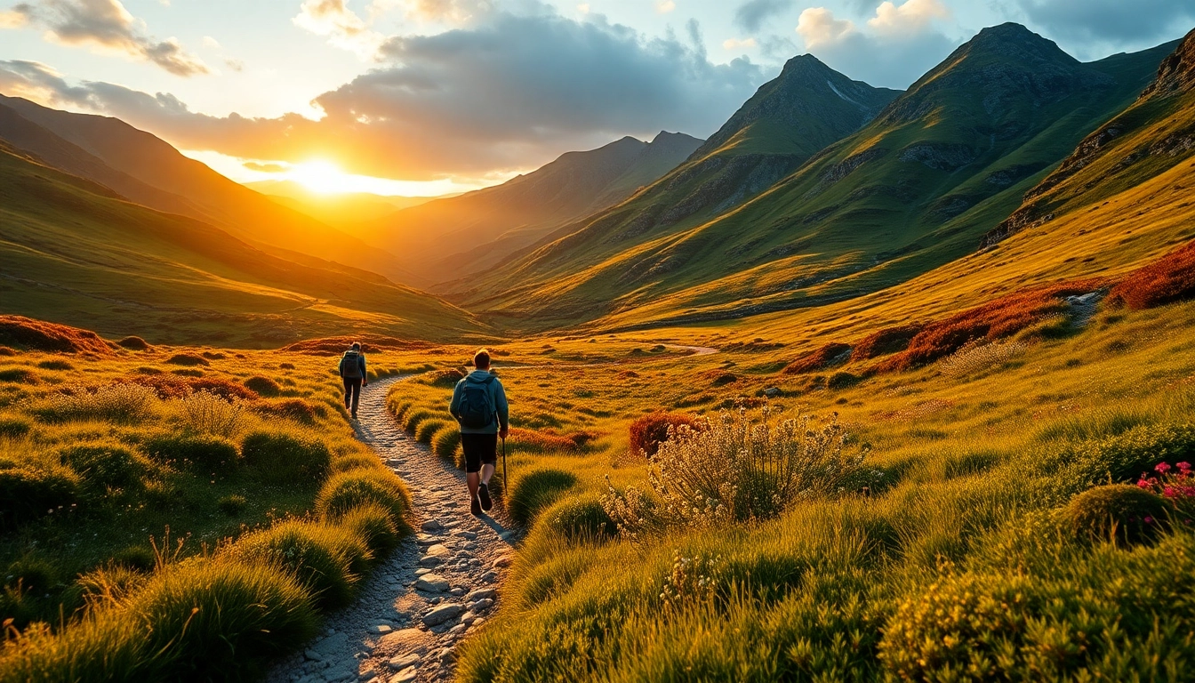 Kerry Way wandern: hikers on a scenic path through lush greenery and mountains.