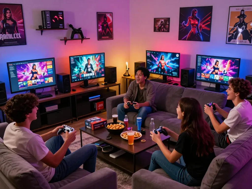Engaging social scene of friends playing sex game online together, surrounded by gaming screens and snacks.