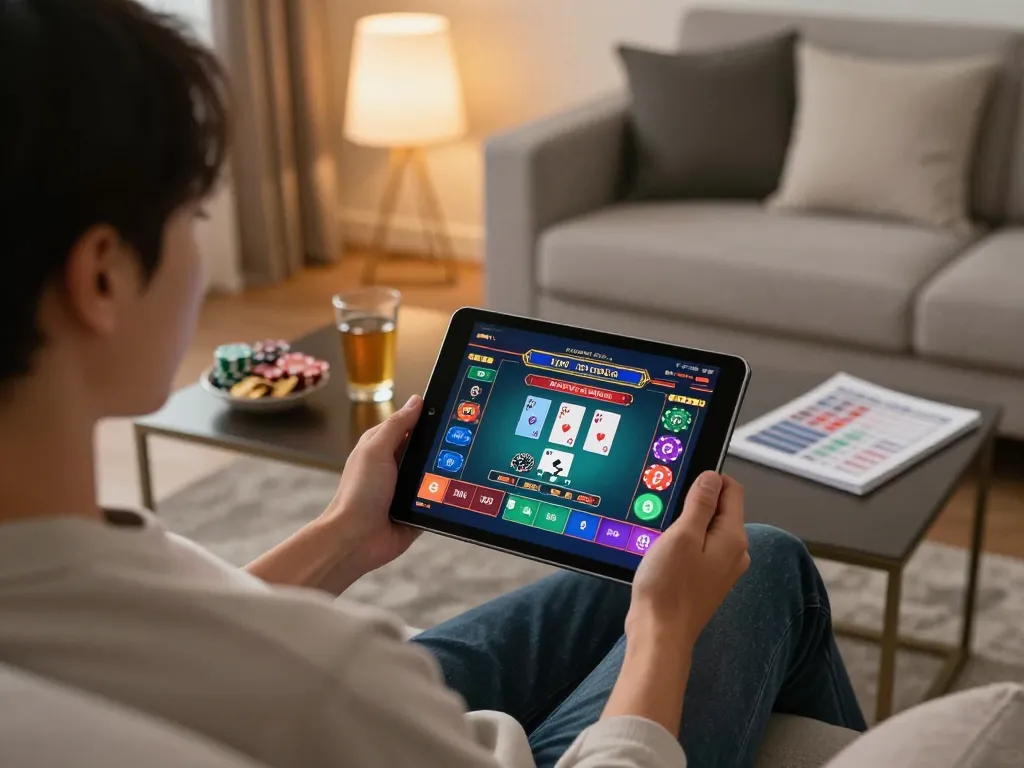 Player engaging in online casino gaming with SC88 app on tablet during a cozy evening