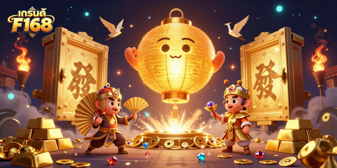 Engage with แบรนด์ F168 in an animated casino scene teeming with gold treasures and vibrant gaming action.