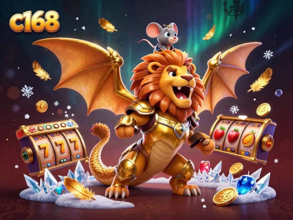 Engage with thrilling c168 gameplay featuring a chimera creature in golden armor amidst vibrant casino elements.