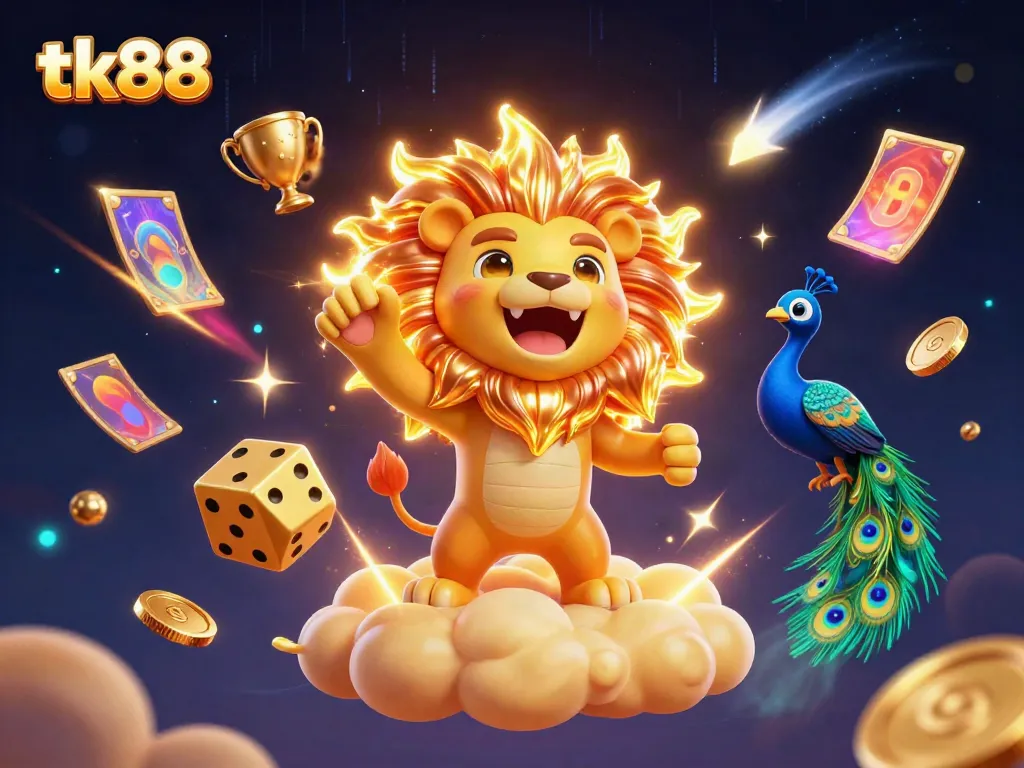 tk88 casino gaming illustration featuring a roaring lion surrounded by slot elements and gold.