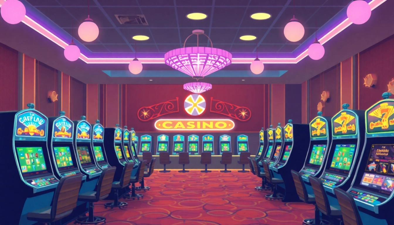 Spiele in casinos online deutschland: Spieler an Automaten in leuchtendem Ambiente genießen die Atmosphäre.