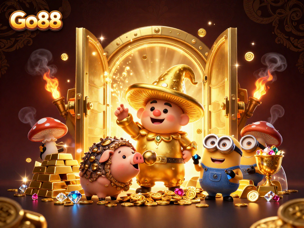 Experience exciting gameplay at Go88 with a golden wizard, treasure, and festive gambling elements.