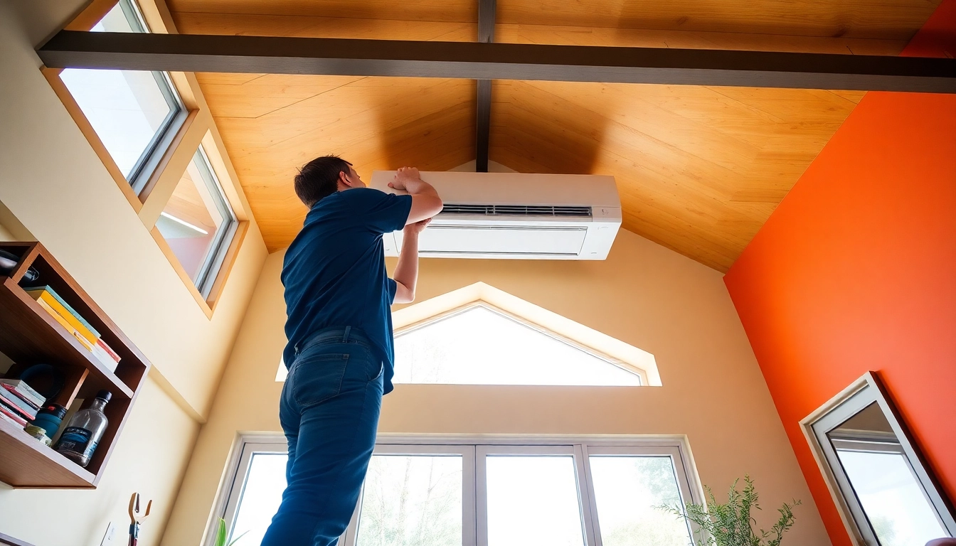 Enthusiastic professional installing Klimaanlagen installieren lassen in a bright modern space with visible tools.