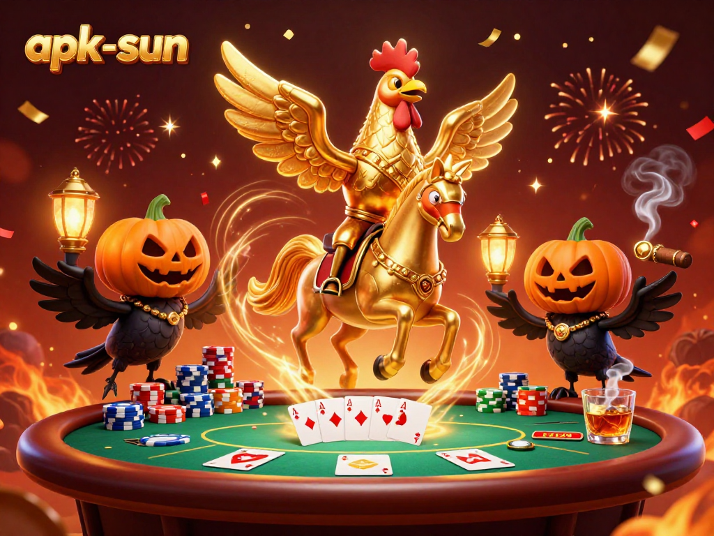 Experience the thrill of apk-sun in a vibrant casino scene with golden rooster and his companions.