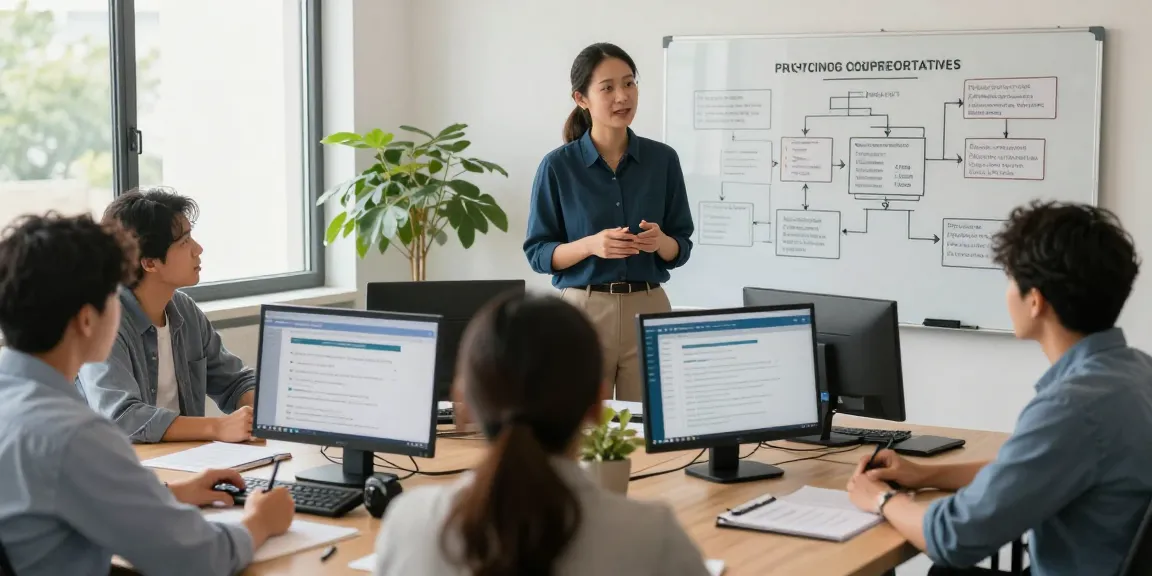 Wirtschaft und Verwaltung Wohnungsbaugenossenschaften - Berater diskutiert Datenschutz und Barrierefreiheit mit Team in moderner Büroumgebung.