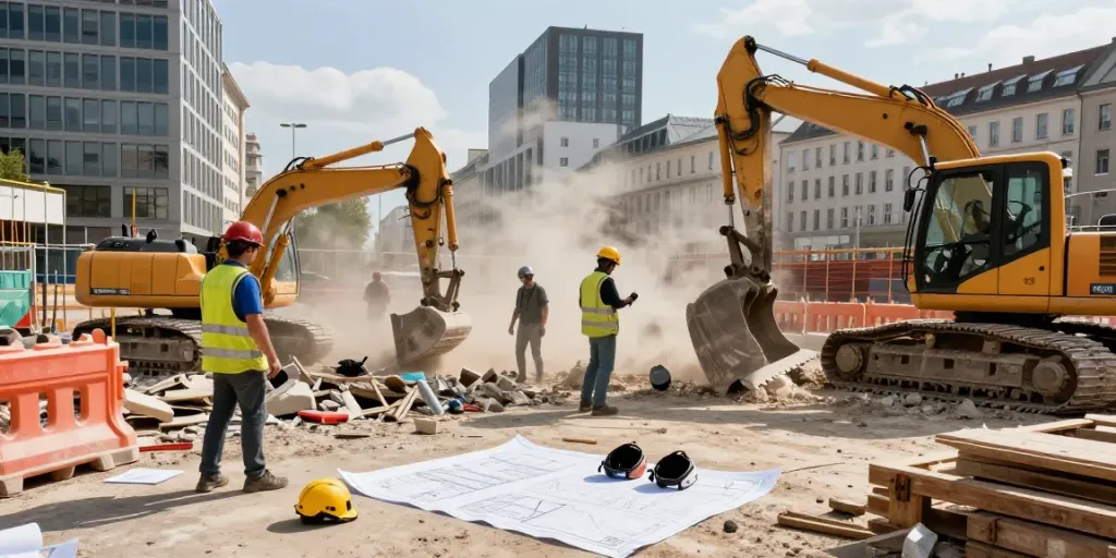 Professioneller Abbruch Wien mit Bauarbeitern, Bagger und Baustellenumgebung.