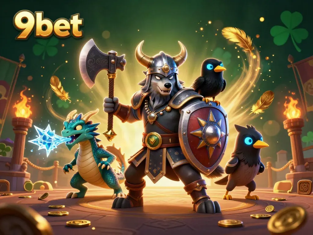 Experience thrilling gaming at 9bet with a Viking wolf warrior and fierce dragon in a vibrant casino battle scene.