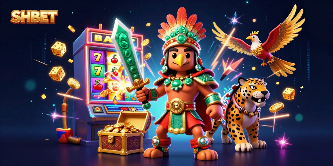 Experience SHBET's thrilling jackpot action with Aztec warriors and vibrant casino elements exploding in excitement.