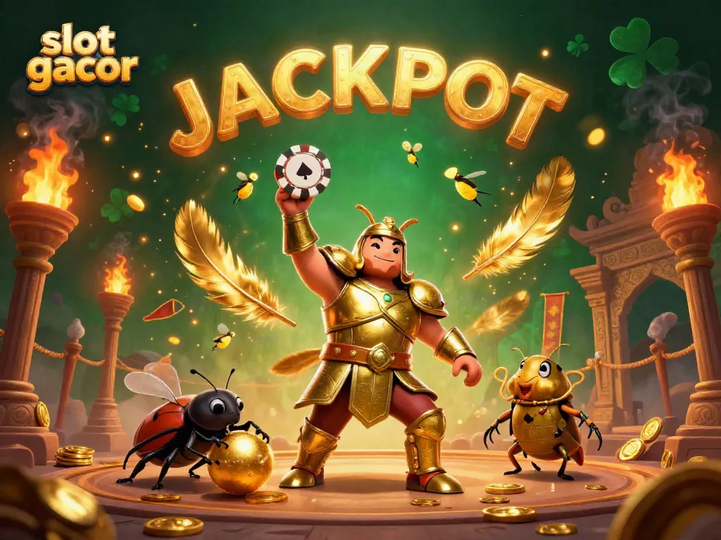 Experience the thrill with slot gacor as a victorious beetle lifts a poker chip amidst dynamic casino elements.