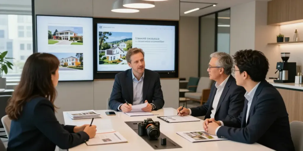 Bester Immobilienmakler Frankfurt berät Kunden in modernem Büro mit eleganten Immobilienanzeigen.