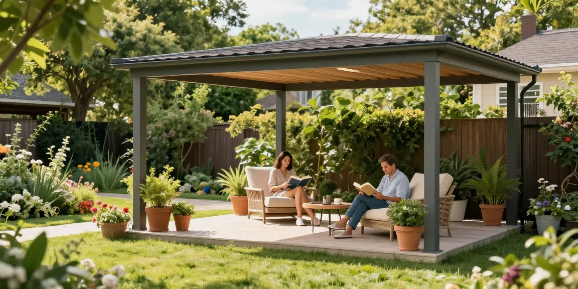 Freistehende Terrassenüberdachung im Garten, ein Paar genießt Kaffee und Bücher darunter.