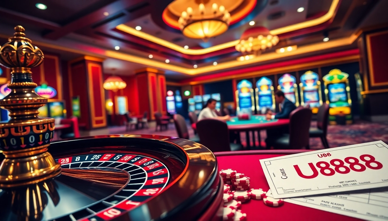 Experience thrilling gaming action at U888's vibrant casino, featuring poker tables and roulette wheels.