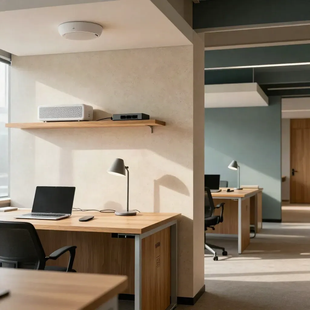 Offene Bürozone mit WLAN-Access-Point, Mesh-Knoten und gleichmäßig beleuchteten Arbeitsinseln