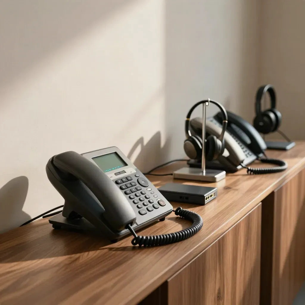 Mehrere Tischtelefone, Headsetständer und PoE-Switch in ruhiger Büroatmosphäre.