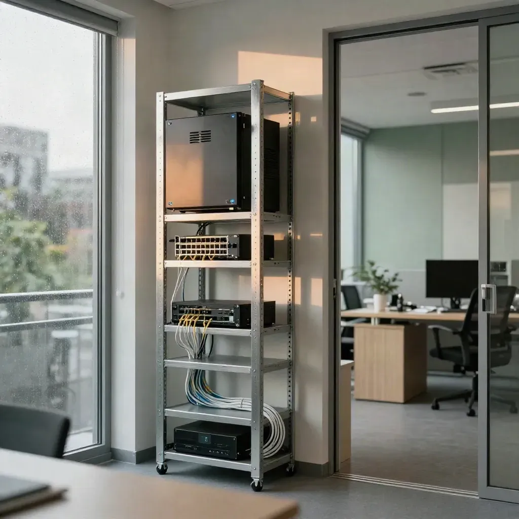 Netzwerkrack im Büro mit Firewall, Patchpanel, WLAN-AP und VoIP-Basis im Morgenlicht.