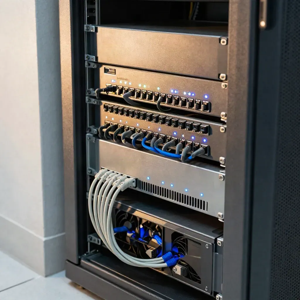 Netzwerkschrank mit Firewall, Patchpanel, Kabeln und leuchtenden Status-LEDs