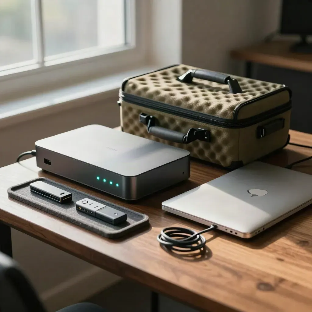 Abgesichertes VPN-Setup mit Gateway, Hardware-Token, Reisecase und geschlossenem Laptop auf Holztisch.