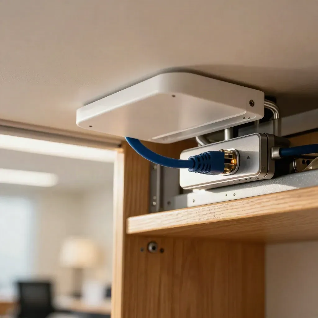 Makro eines sauber vernetzten Steuerbüros mit Access Point, Kabel und VoIP-Basis.