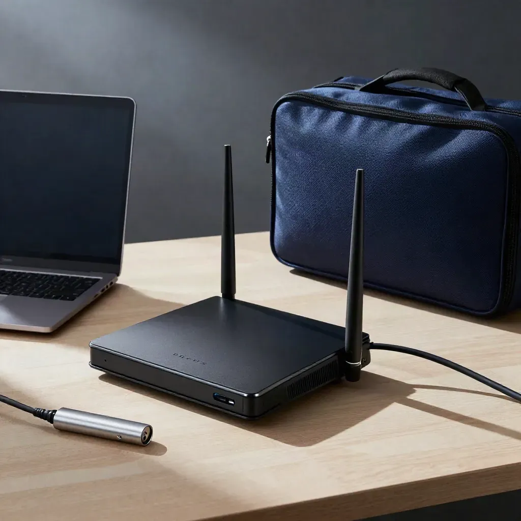 VPN-Reiseset mit Laptop, Router, Token und Tasche in dunkler Hotelnische