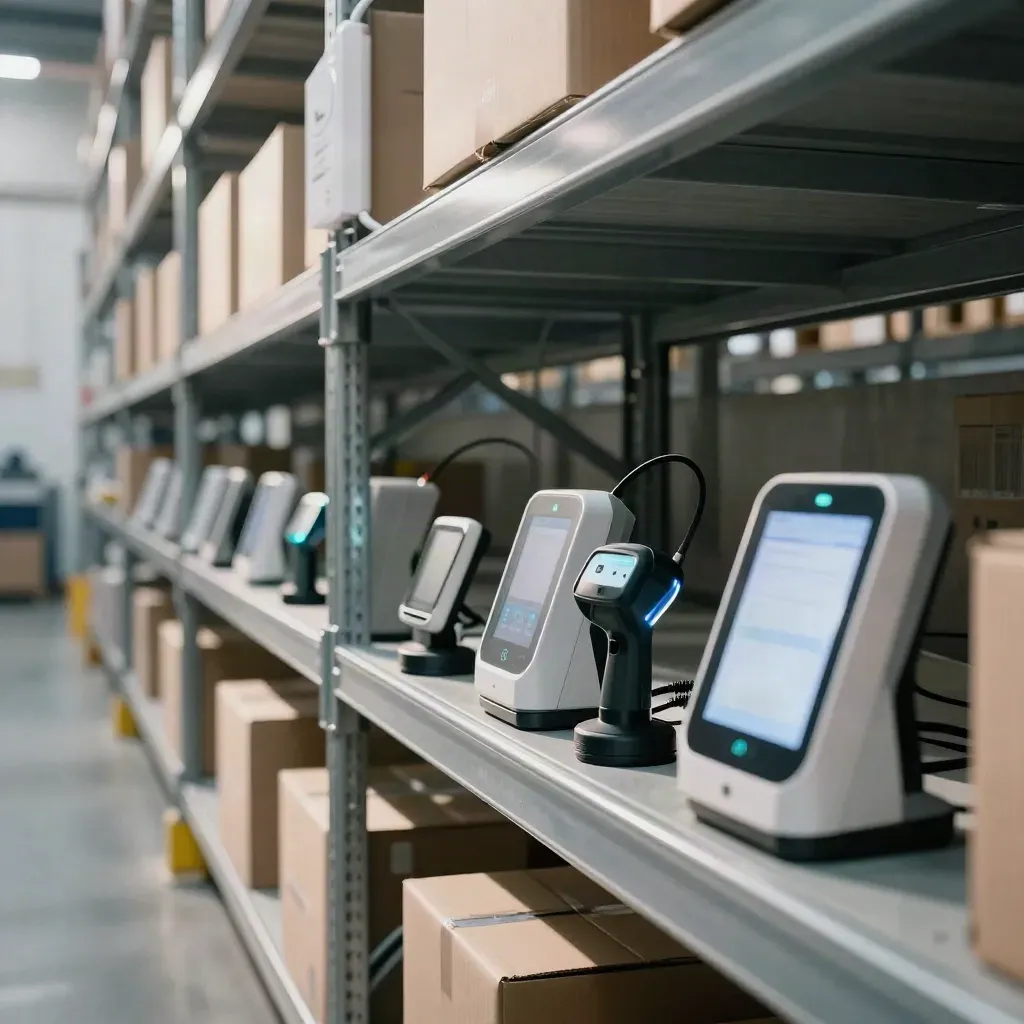 Lagergang mit Access Points und Scanner-Ladestationen, sanftes Licht, ruhige Funkzonen zwischen Regalen.