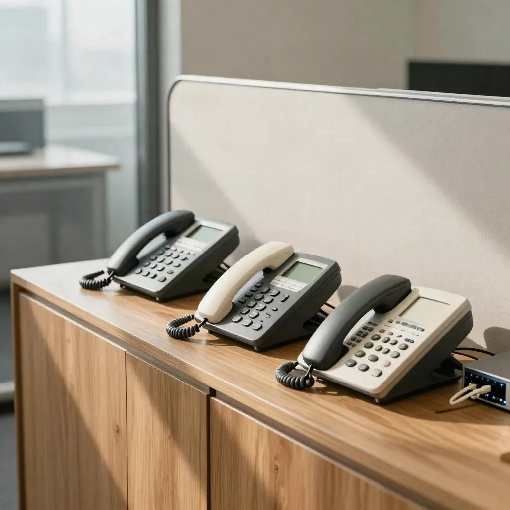 Mehrere VoIP-Tischtelefone und ein Headset-Dock auf einem Sideboard im weichen Fensterlicht.