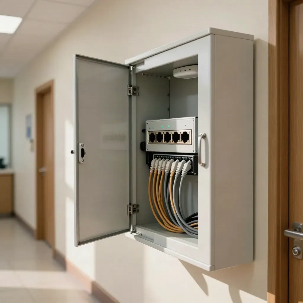 Moderner Netzwerkschrank im Praxisflur mit dezenten Access Points und ruhiger Lichtstimmung