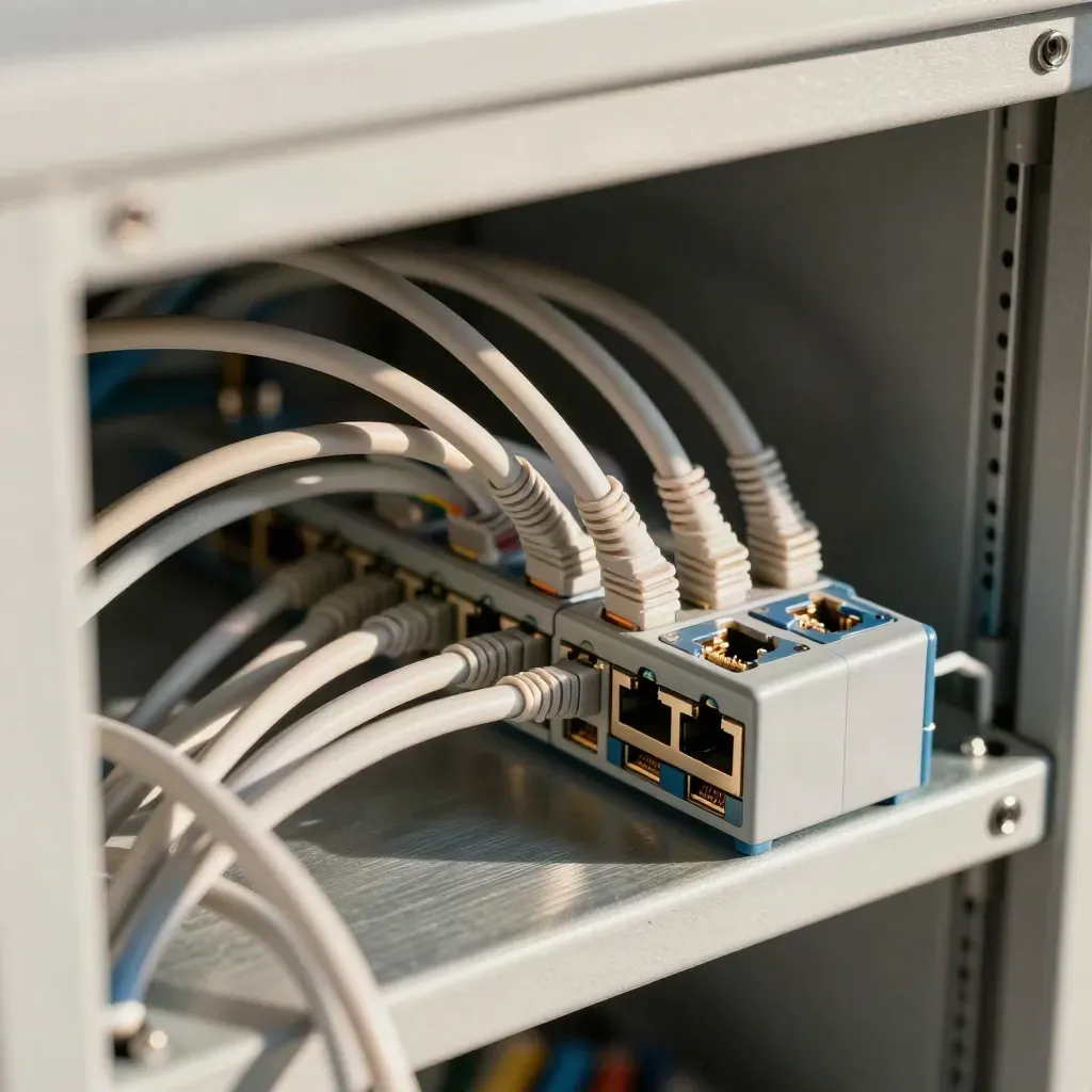 Makro im Netzwerkschrank: Kabellabels, RJ45-Kontakte und Punch-Down-Leiste.