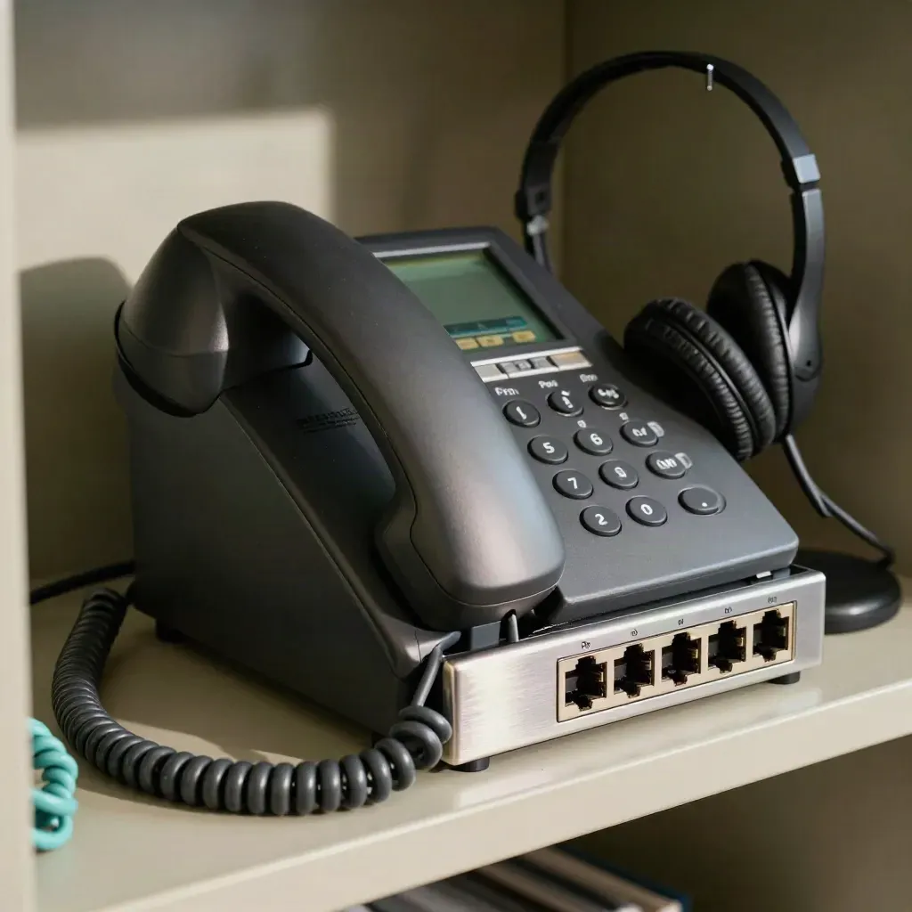 Gestapelte Tischtelefone, Headsetständer und PoE-Switch im schrägen Licht