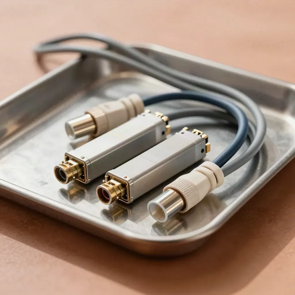 Oben fotografiertes Serviertablett mit SFP-Modulen, Kupplern und gefaltetem Patchkabel.