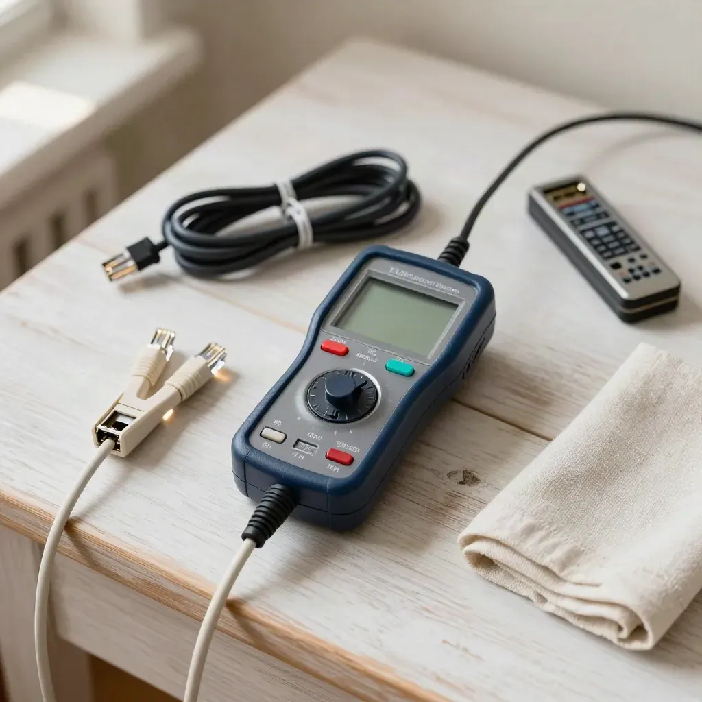 Kabeltester, RJ45-Kuppler und Patchkabel auf hellem Holz, von oben beleuchtet.