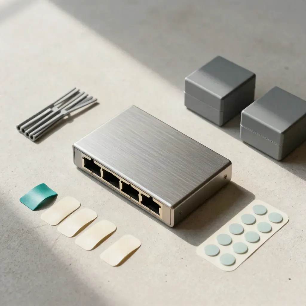 Flache Planungs-Stillleben mit Switch, Kabelbindern, Boxen und Klebepunkten auf hellem Beton