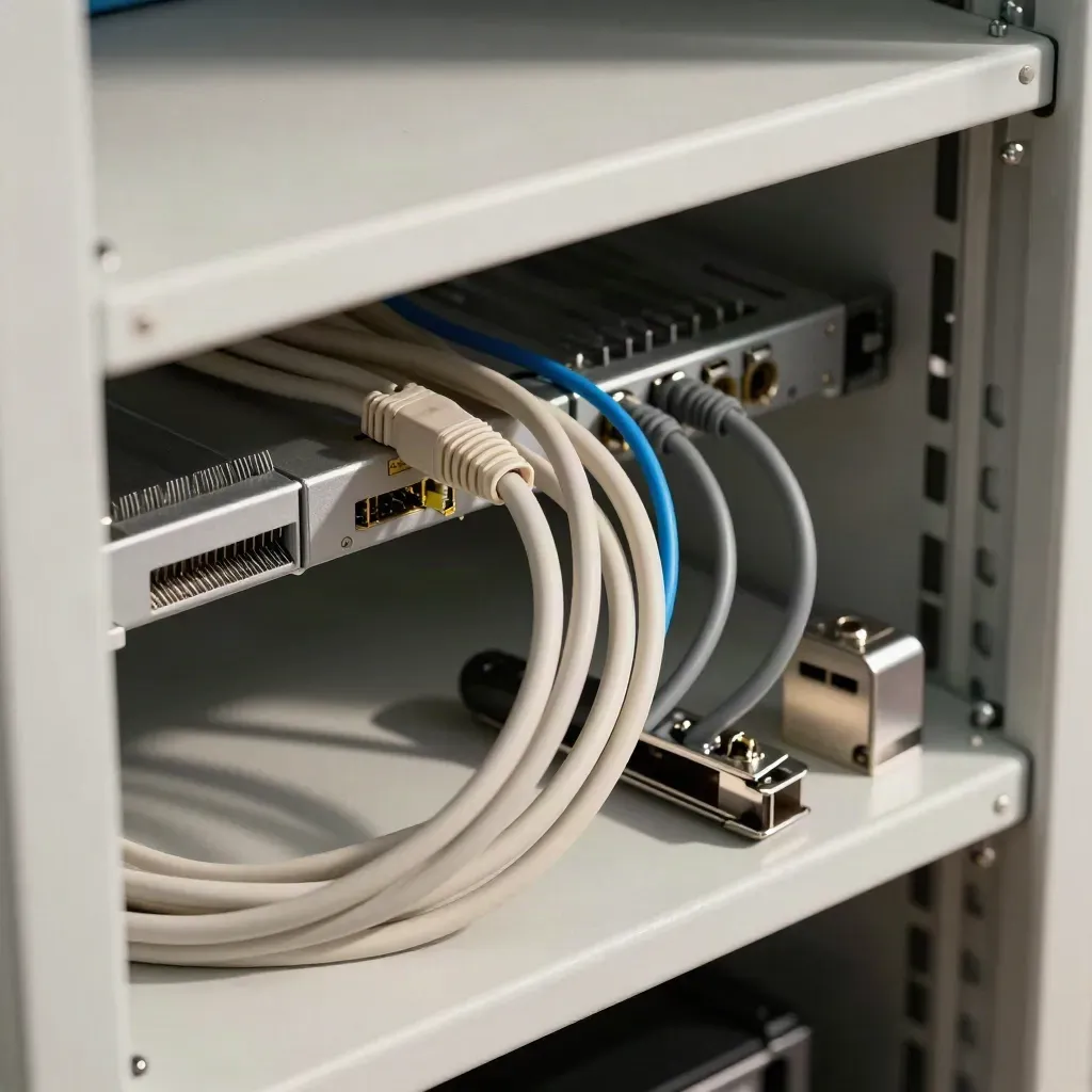 Teilbestückter Serverschrank mit sauber geführten Patchkabeln und Werkzeug im Seitenblick