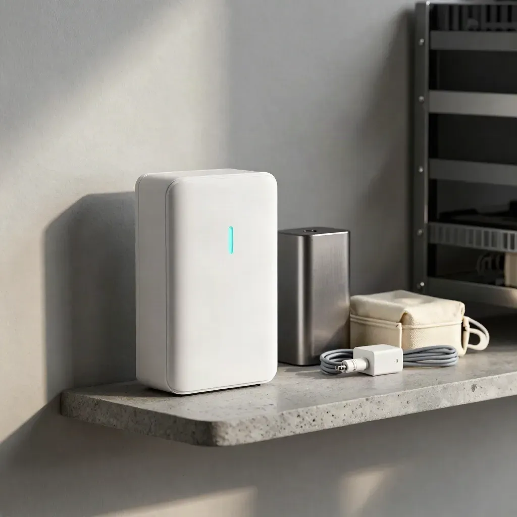 Router, Netzteil und Service-Set auf einem steinernen Regal mit dezentem Teal-Licht
