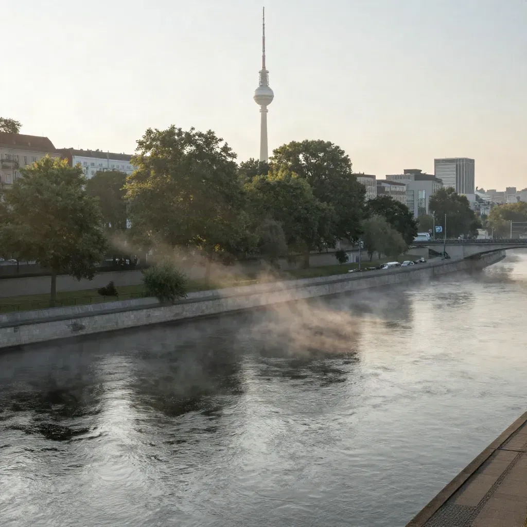 Blick über die Spree in Berlin mit Fernsehturm im Morgennebel und ruhigem Wasser