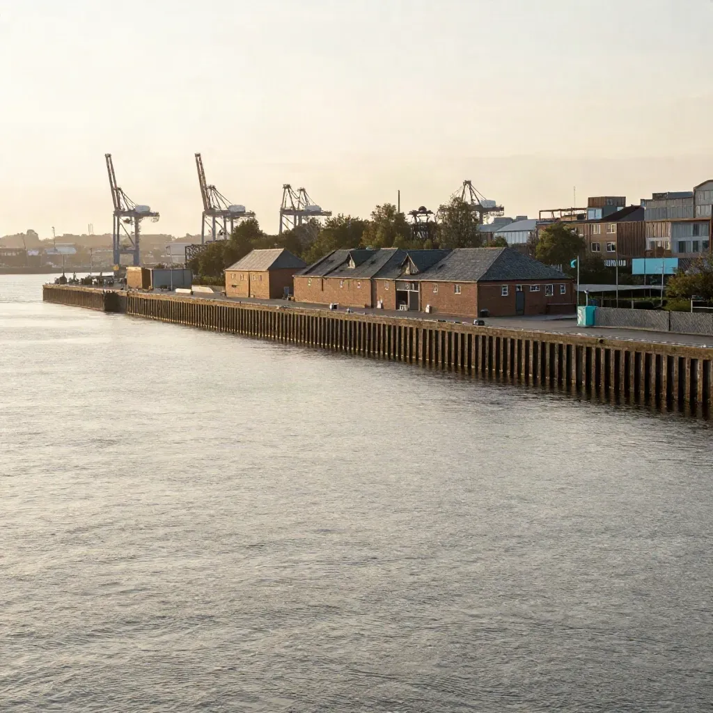 Hamburger Hafen bei Abendlicht mit Elbwasser, Kränen und ruhiger Wasserfläche