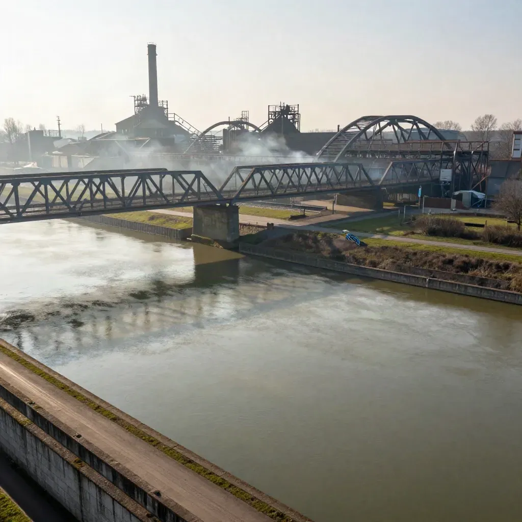 Ruhrgebiet von oben mit Brücken, Stahlträgern und ruhigem Kanal im warmen Dunst